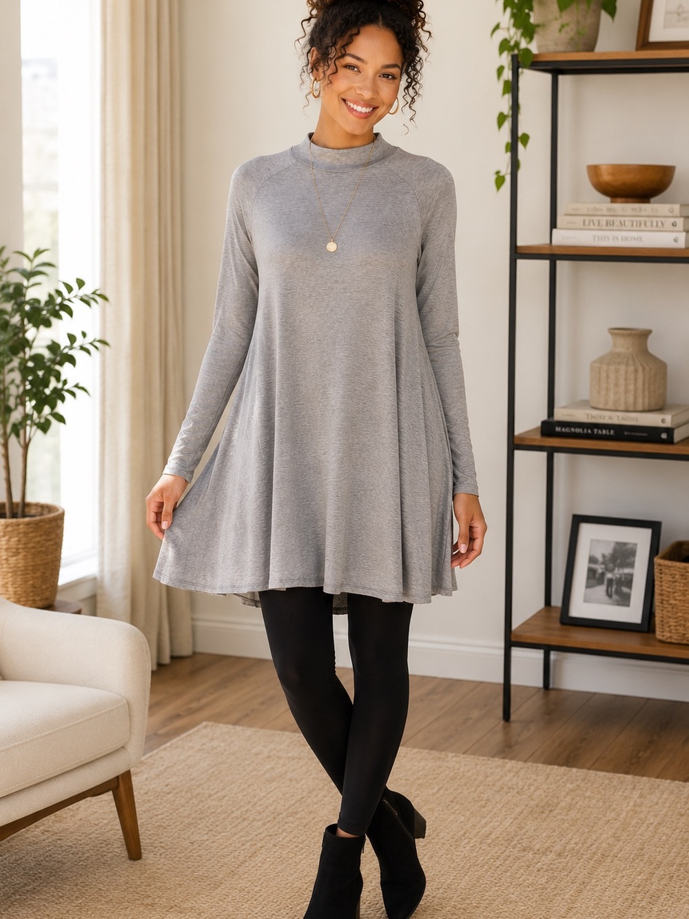 Free People Gray Mock Neck Swing Dress Lightweight Long Sleeve Tunic S